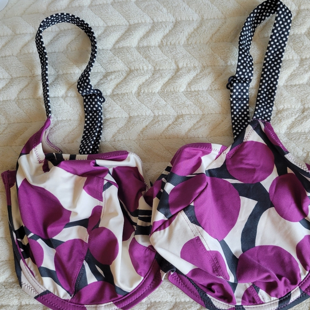 Fantasie swim top 34G, purple white black with polka dot straps.
